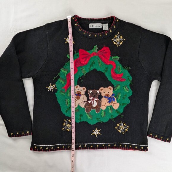 VTG Black Chunky Knit Holiday Wreath Teddy Bears Bow Snow Embroidered Sweater - Picture 4 of 6